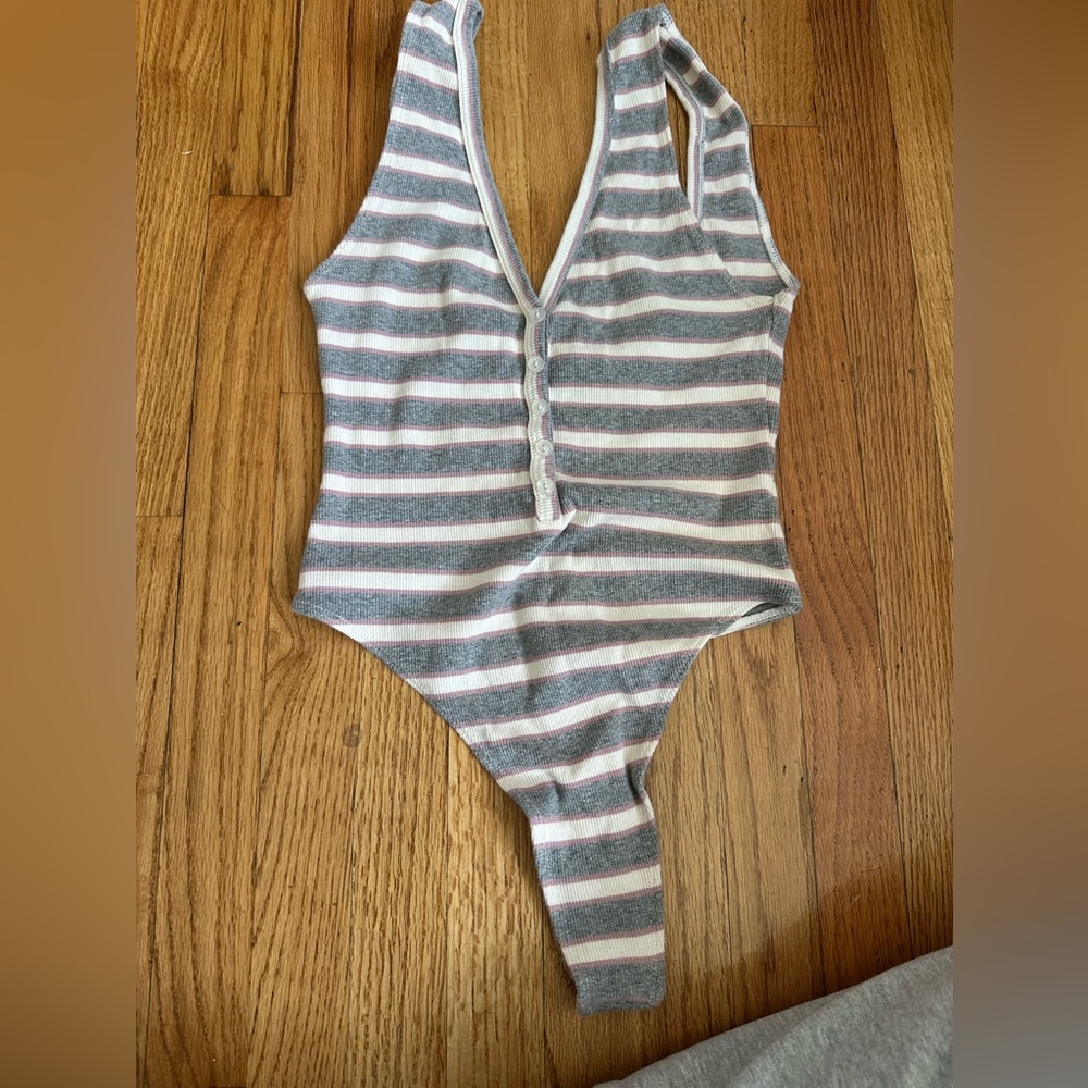 American Apparel Gray and White Striped Bodysuit